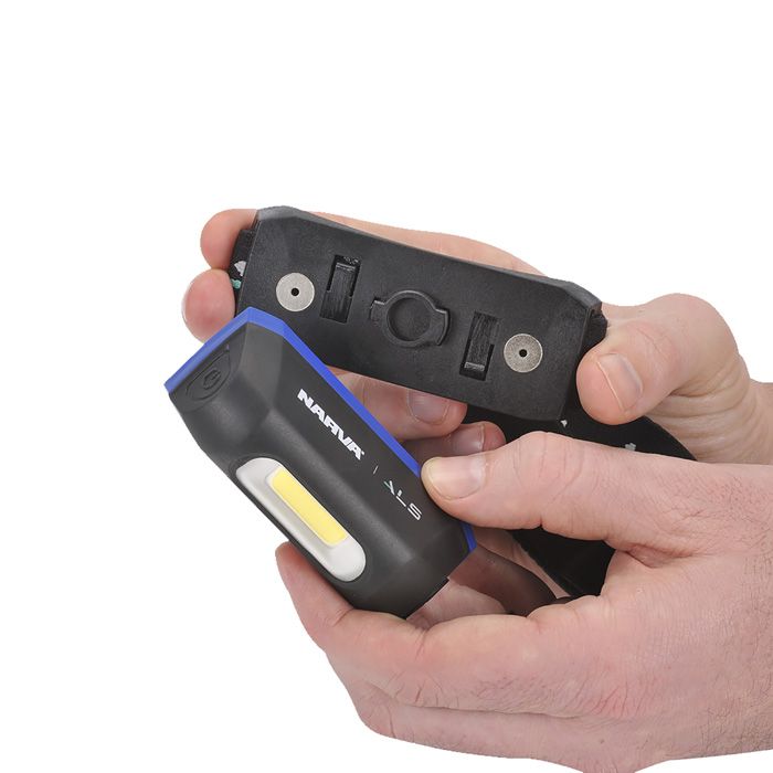 Load image into Gallery viewer, Hand holding a black and blue flashlight with 'NARVA' branding on a white background