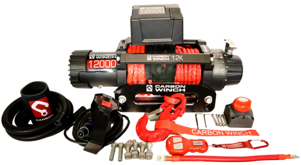 Load image into Gallery viewer, Carbon Winch - 12K VER.2 12000LB Electric Winch With Red Synthetic Rope and Hook
