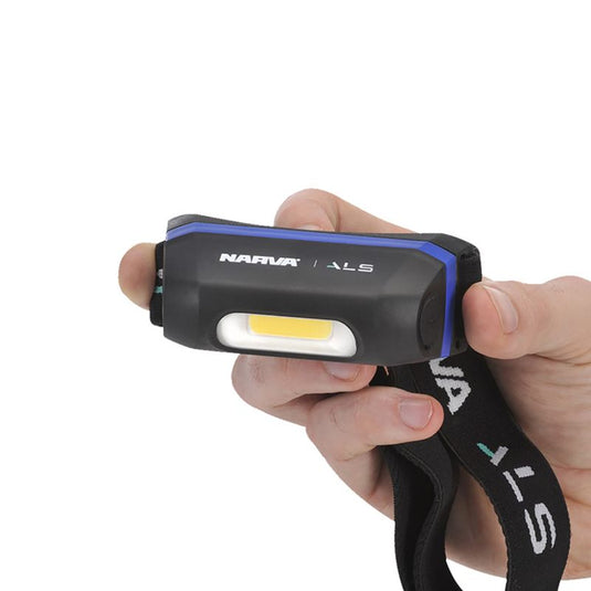 Hand holding a black and blue headlamp with 'Narva' branding on a white background
