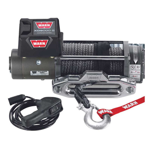 Warn winch with cable and control unit on a white background